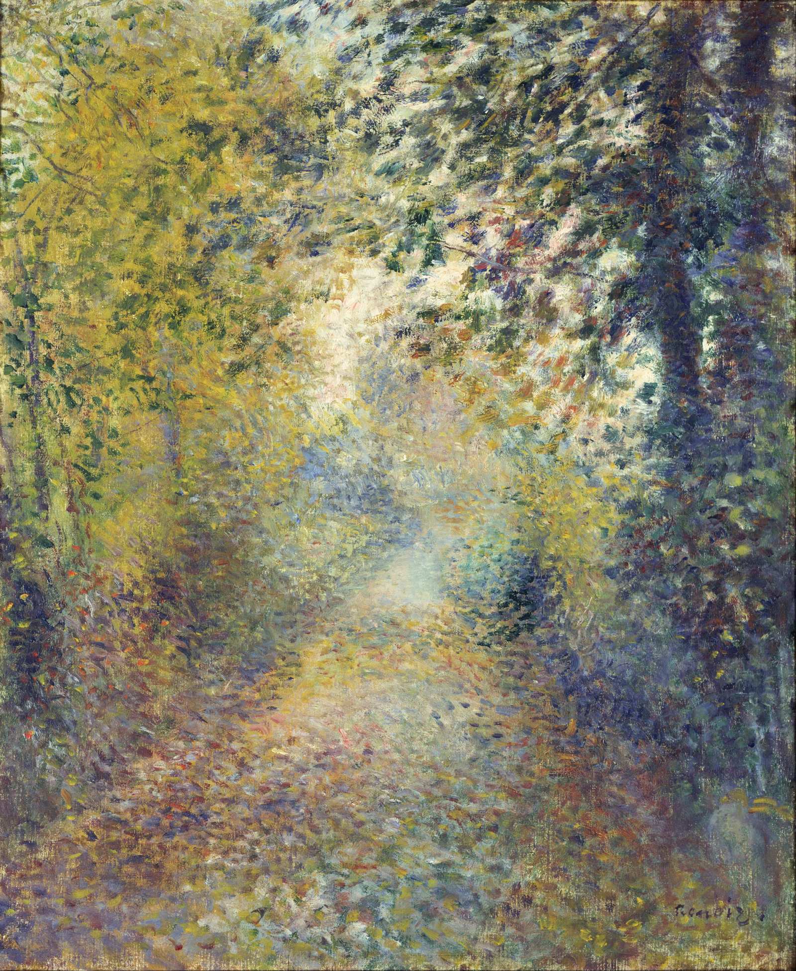 A wooded path, painted in the impressionist style